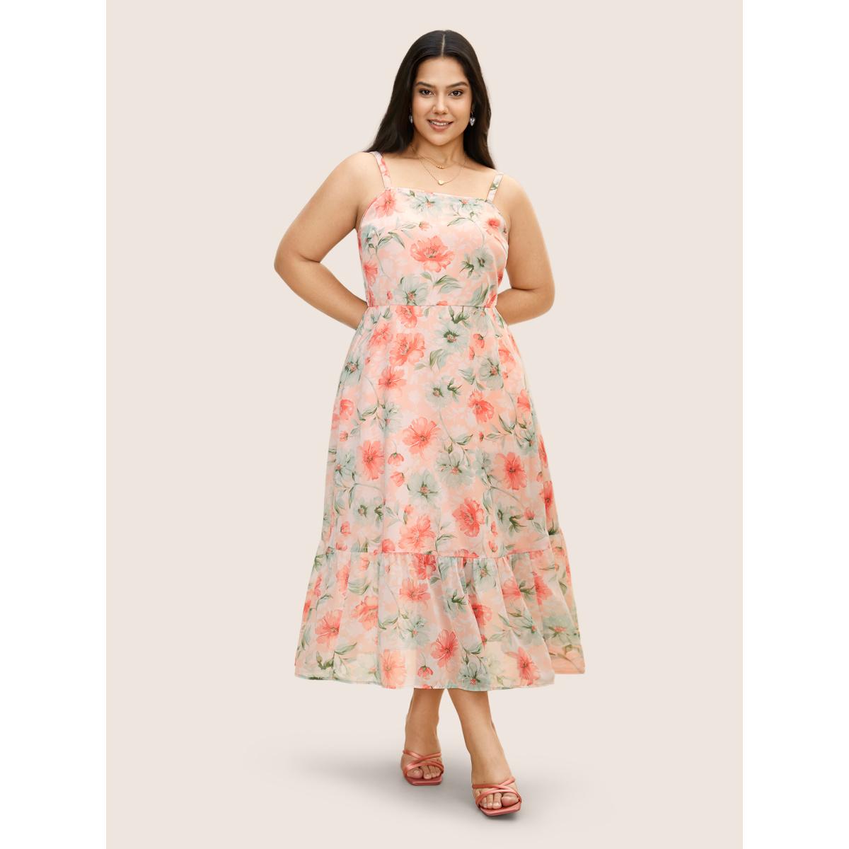 Plus Size Watercolor Floral Shirred Ruffle Hem Cami Dress Crepe Women Elegant Shirred Strapless Sleeveless Curvy BloomChic 26/4X Product Image