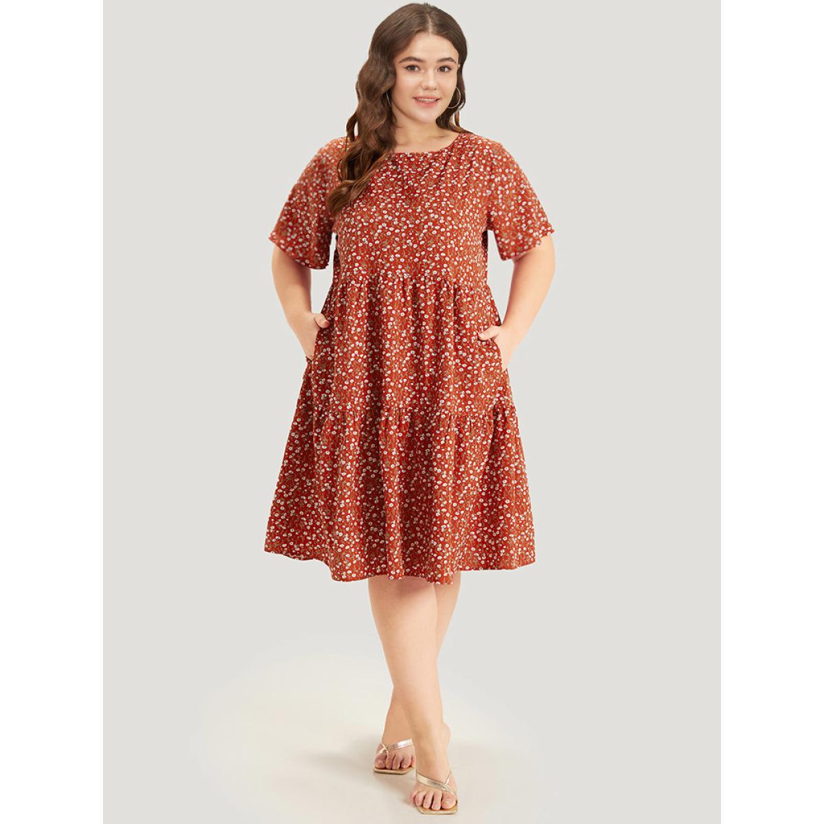 Plus Size Ditsy Floral Pocket Layered Patchwork Crew Neck Dress Russet Women Elegant Printed Round Neck Short sleeve Curvy Midi Dress BloomChic 22-24/3X Product Image