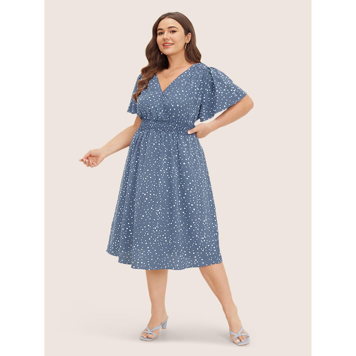 Plus Size Polka Dot Wrap Pocket Shirred Ruffle Sleeve Dress Stone Women Elegant Patchwork Curvy Midi Dress BloomChic 14-16/1X Product Image
