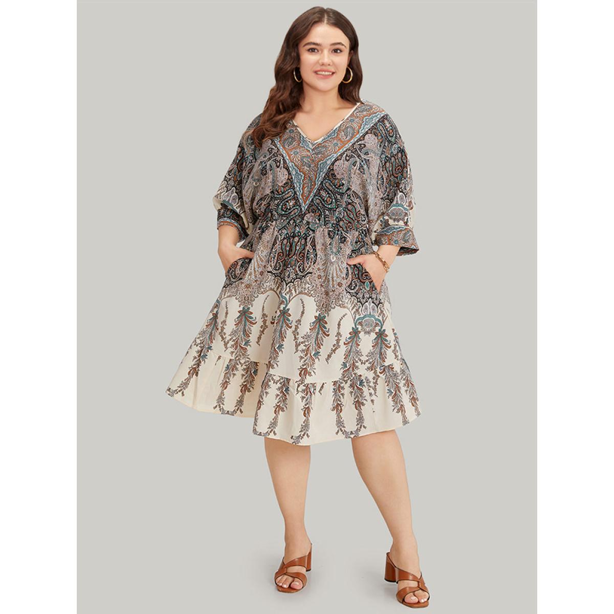Plus Size Bandana Print Pocket Elastic Waist Patchwork Dress Multicolor Women Vacation Printed V-neck Elbow-length sleeve Curvy Midi Dress BloomChic 18-20/2X Product Image