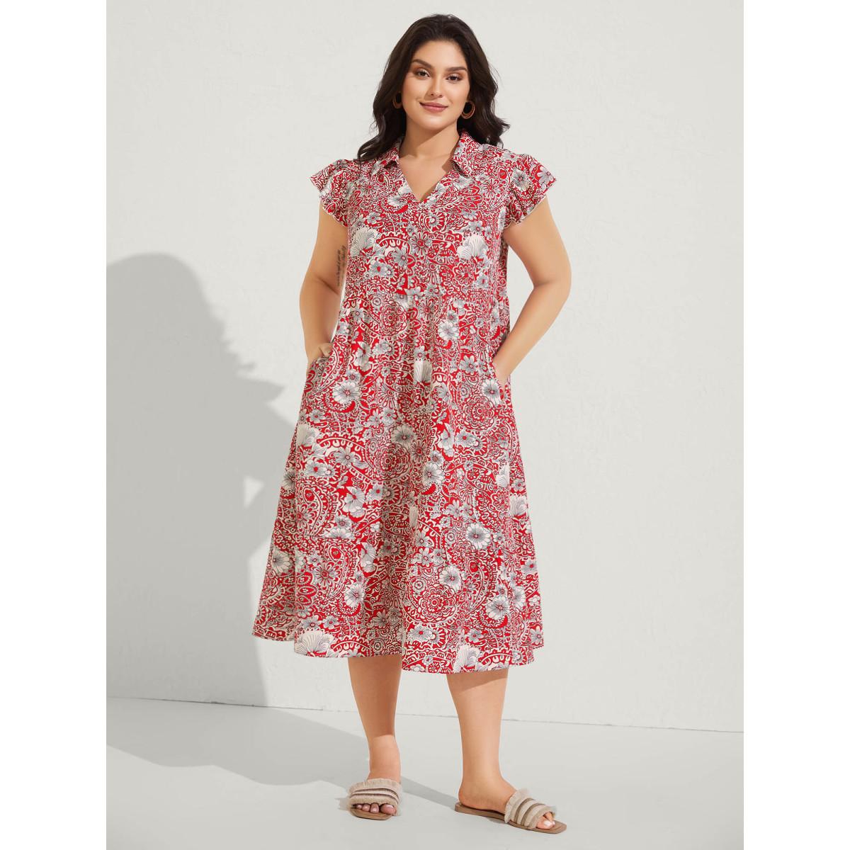 Plus Size Paisley Print Collar Flutter Sleeve Midi Dress Raspberry Women Boho Notched collar Cap Sleeve Curvy BloomChic 14-16/1X Product Image