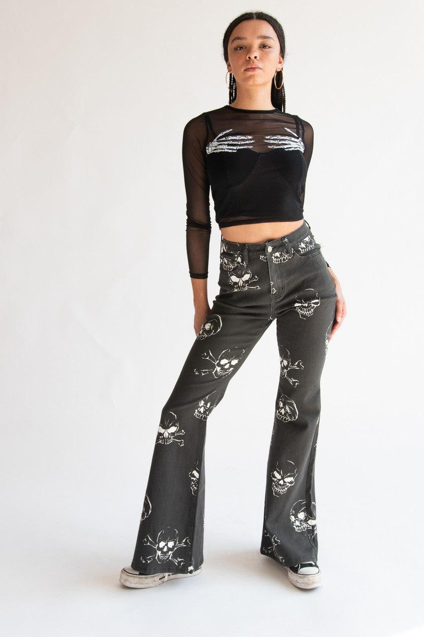 Skull Print Flare Jeans Product Image