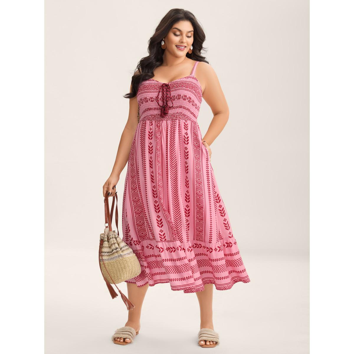Plus Size Boho Stripes Shirred Tassel Midi Dress Rosered Women Square Neck Sleeveless Curvy BloomChic 10/M Product Image