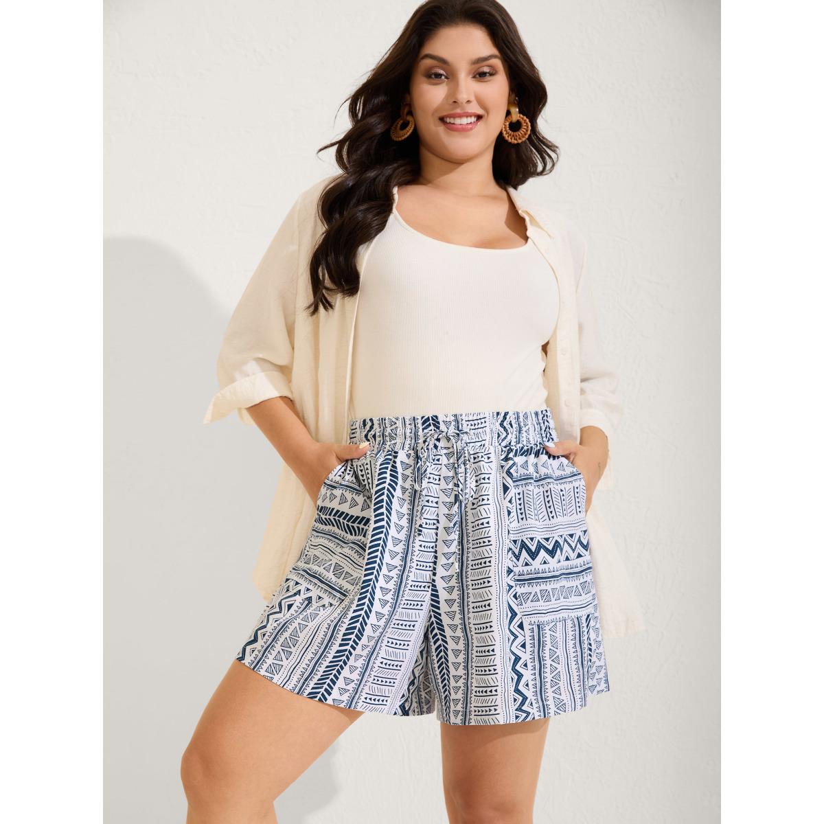 Plus Size Boho Stripe Drawstring Straight-Leg Shorts Women LightBlue Resort Drawstring Straight Leg Vacation Shorts BloomChic 18-20/2X Product Image