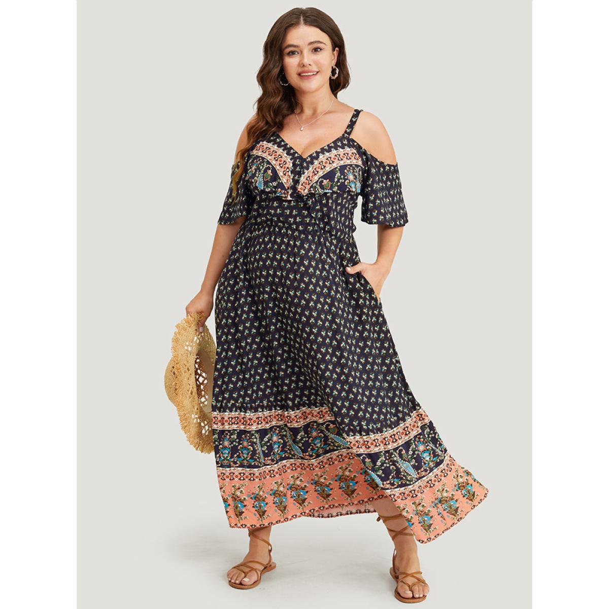 Plus Size Bandana Print Pocket Ruffle Trim Cold Shoulder Maxi Dress Indigo Women Vacation Adjustable Straps V-neck Short sleeve Curvy Maxi Dress BloomChic 12/L Product Image