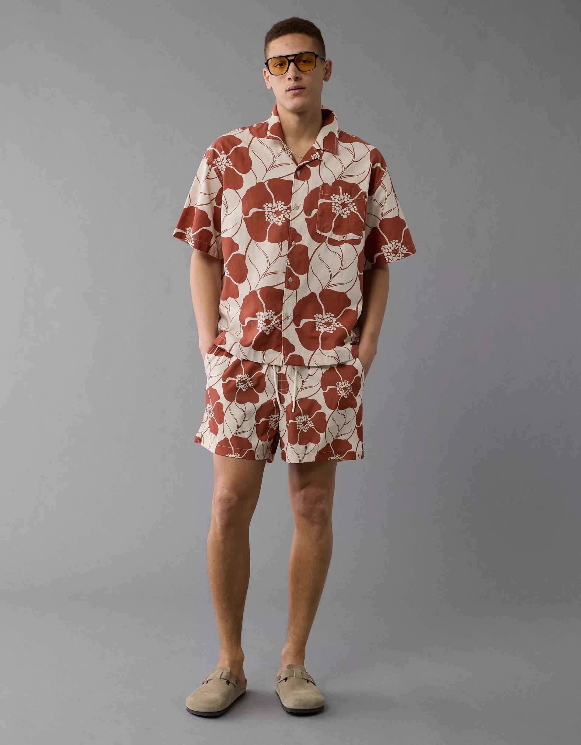 AE Poolside Linen-Blend Floral Button-Up Shirt Product Image