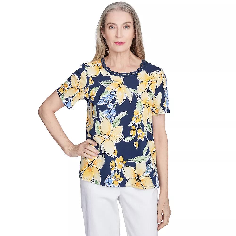 Women's Alfred Dunner Navy Floral Braided Crew Neck Top, Size: Large, Blue Product Image