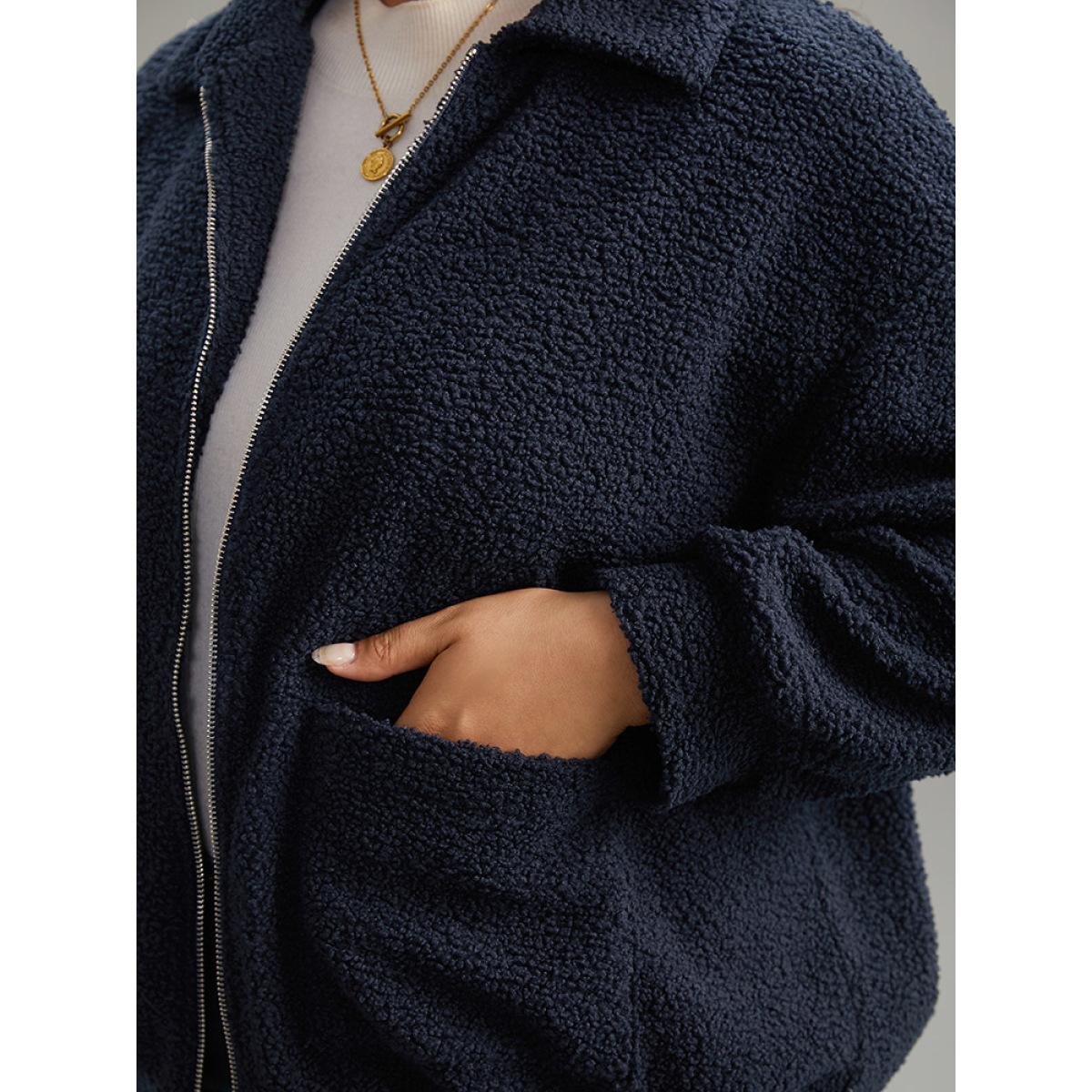 Plus Size Solid Zipper Pocket Teddy Jacket Women DarkBlue Casual Plain Ladies Dailywear Winter Coats BloomChic 26/4X Product Image
