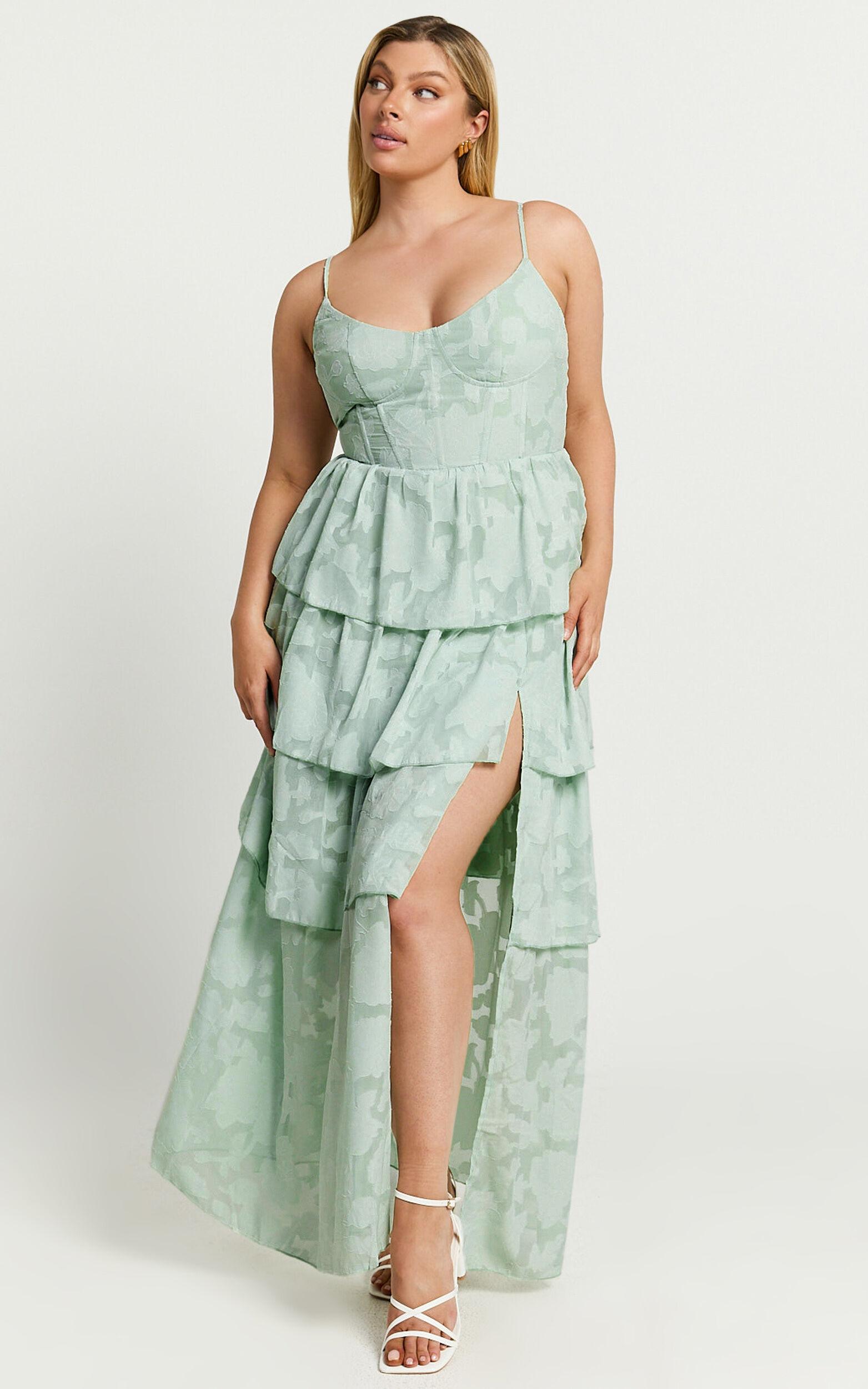 Janezkie Maxi Dress - Femme Tiered Jacquard Formal Dress in Mint Product Image