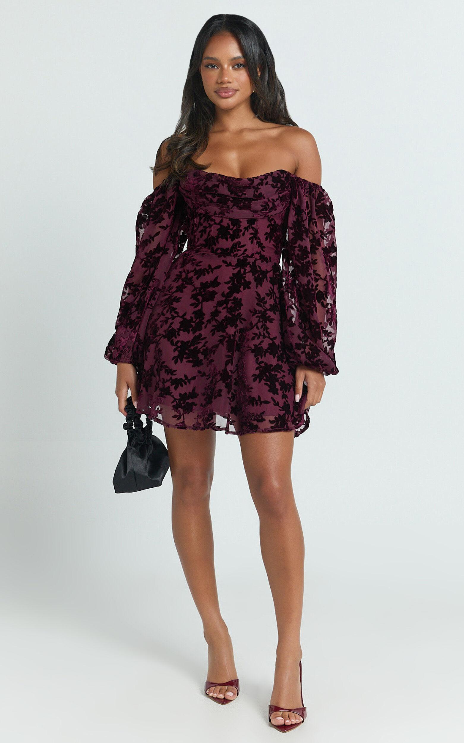 Jessell Mini Dress - Long Sleeve Cowl Corset Dress in Wine Burnout Product Image