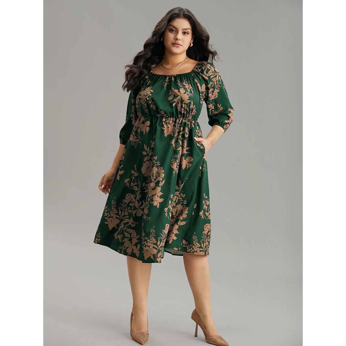 Plus Size Silhouette Floral Print Elastic Cuffs Dress DarkGreen Women Timeless Elastic cuffs Square Neck Elbow-length sleeve Curvy Midi Dress BloomChic 30/6X Product Image