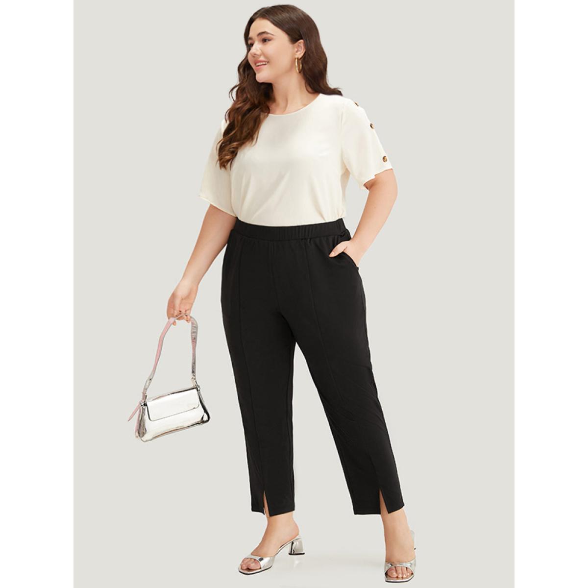 Plus Size Plain Split Hem Pocket Elastic Waist Pants Women Black At the Office High Rise Office Pants BloomChic 10/M Product Image
