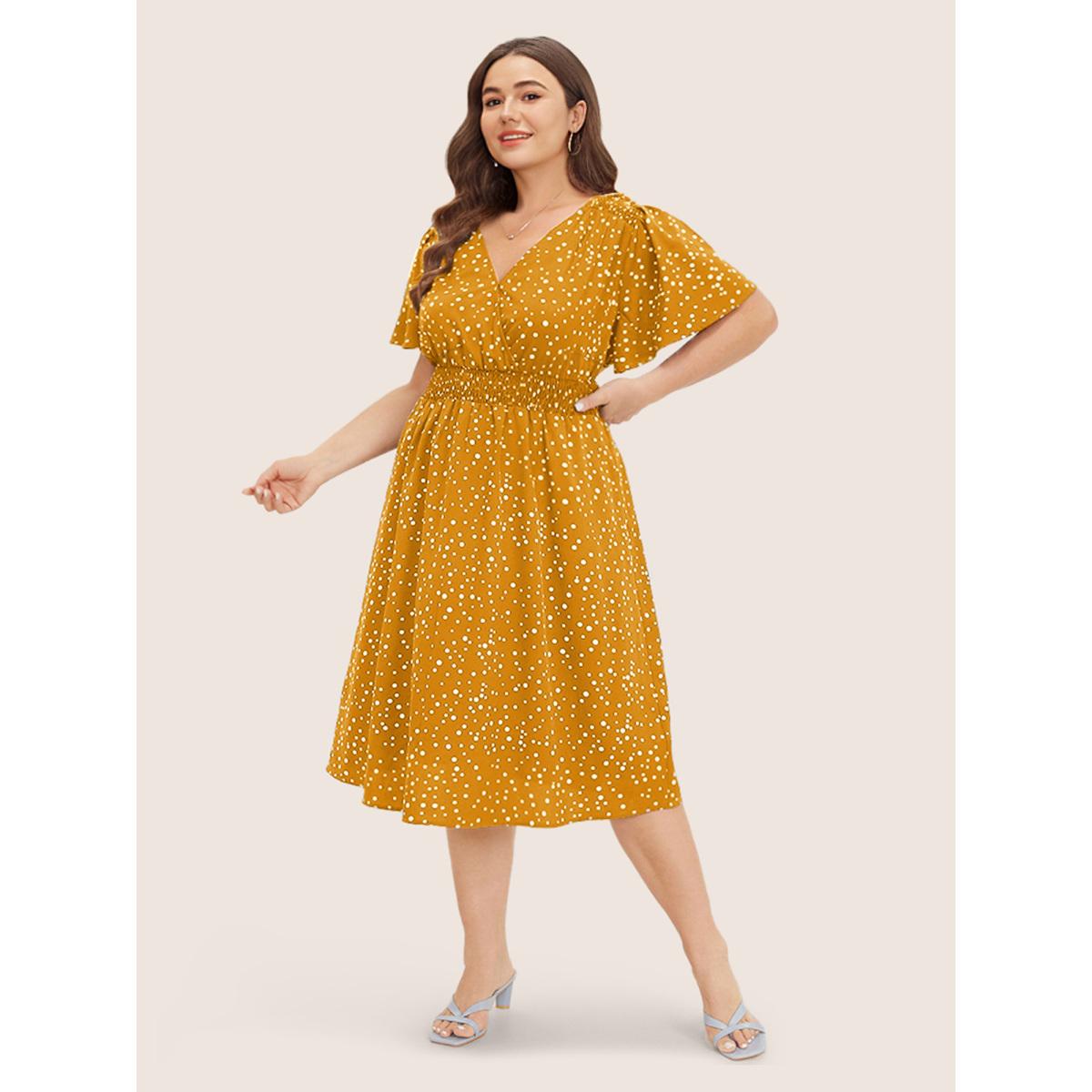Plus Size Polka Dot Wrap Pocket Shirred Ruffle Sleeve Dress Yellow Women Elegant Patchwork Curvy Midi Dress BloomChic 30/6X Product Image