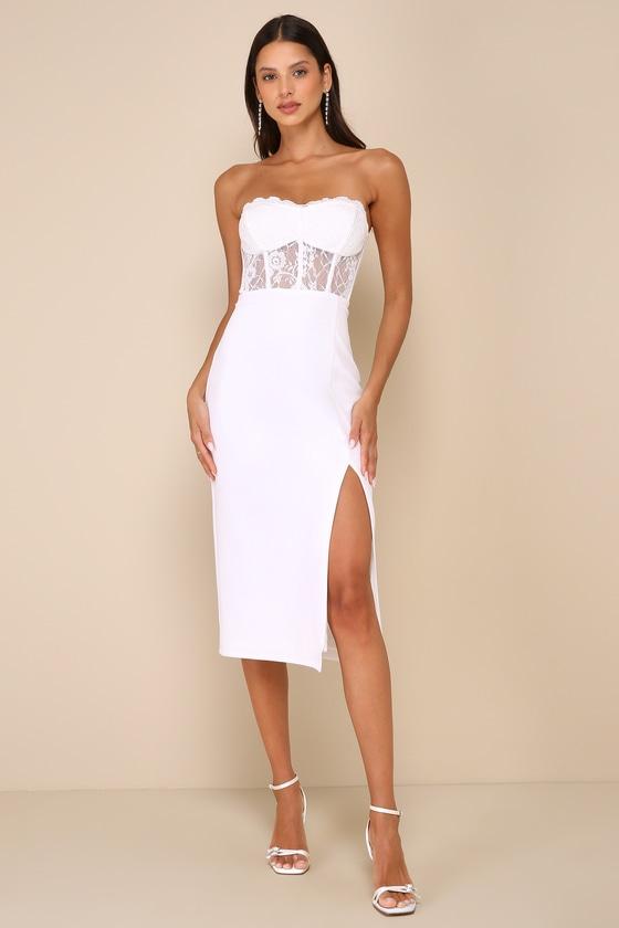 Exquisitely Sultry White Lace Strapless Bustier Midi Dress Product Image