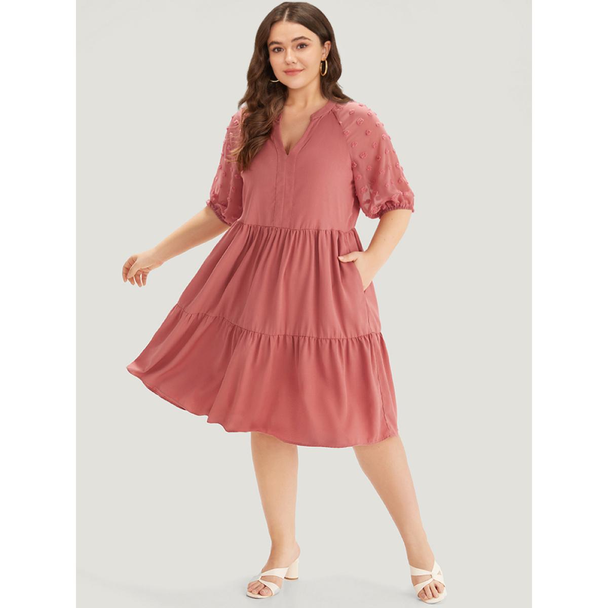 Plus Size Solid Notched Lantern Sleeve Ruffle Layered Hem Dress Watermelon Women Elegant Plain Notched collar Half Sleeve Curvy Knee Dress BloomChic 22-24/3X Product Image