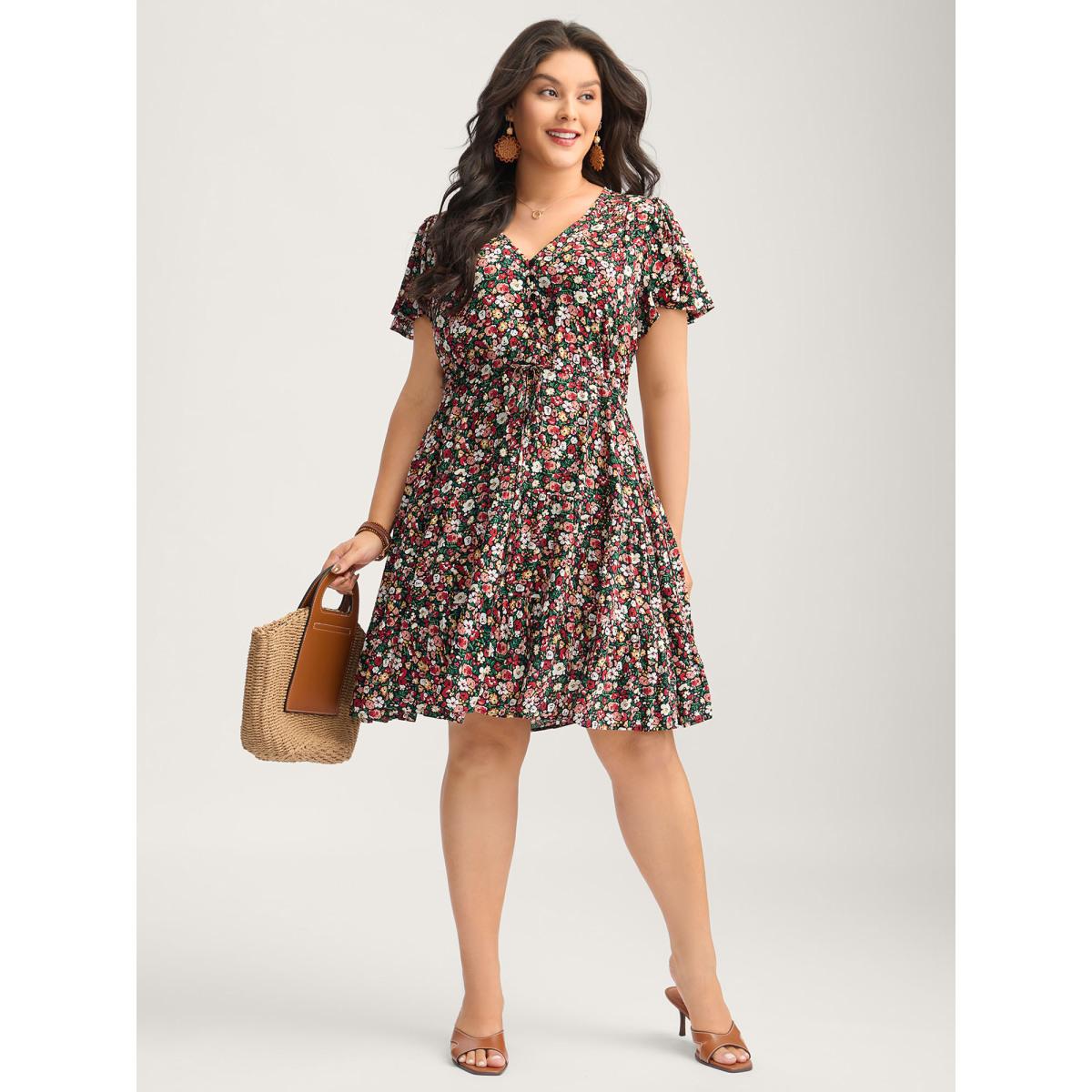 Plus Size Floral Print Waist-Tie Midi Dress Black Women Playful V-neck Cap Sleeve Curvy BloomChic 30/6X Product Image