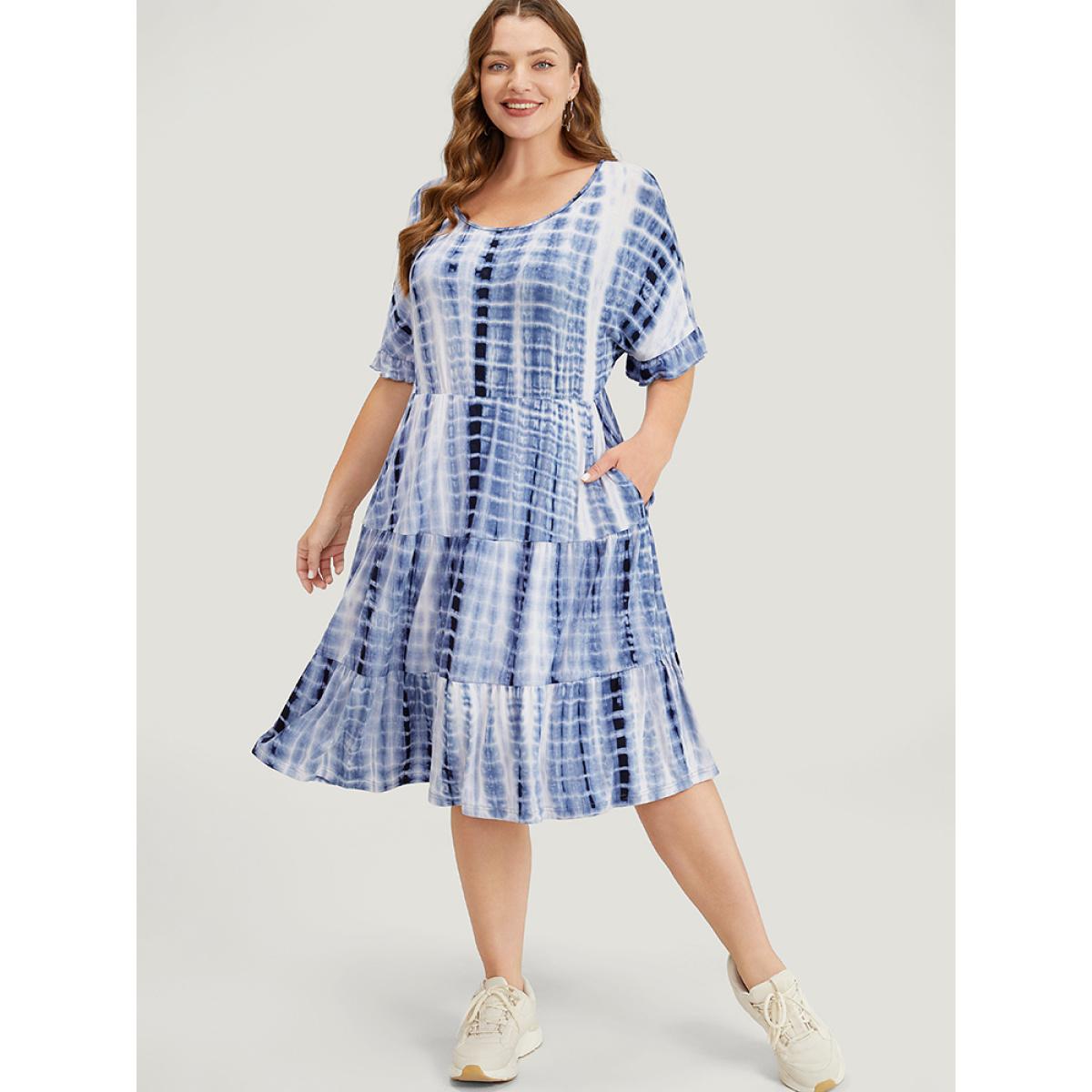 Plus Size Tie Dye Dolman Sleeve Pocket Ruffle Tiered Dress DarkBlue Women Casual Pocket Round Neck Short sleeve Curvy Knee Dress BloomChic 12/L Product Image