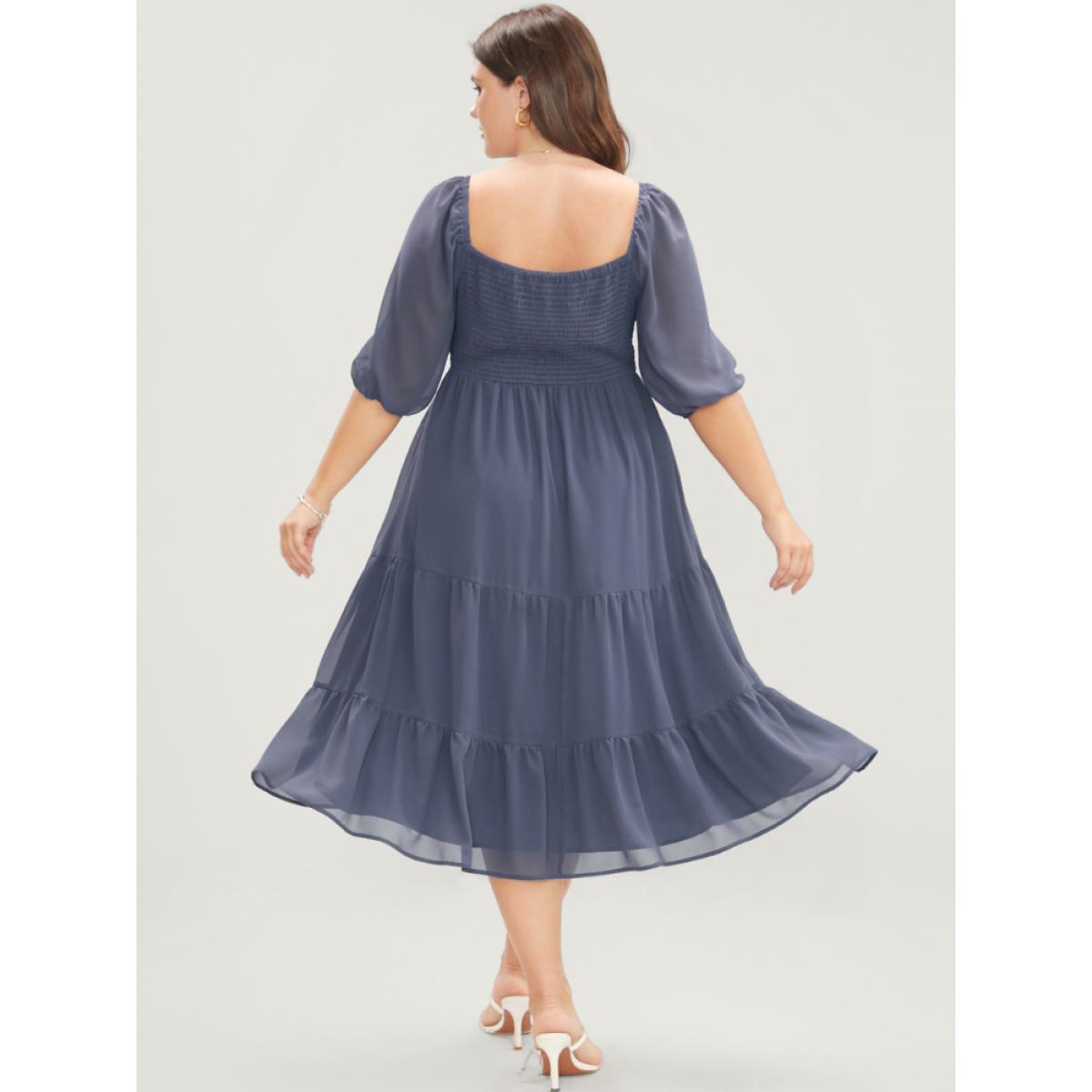 Plus Size Solid Pocket Mesh Lantern Sleeve Shirred Back Ruffles Tiered Dress Stone Women Elegant Gathered V-neck Half Sleeve Curvy Midi Dress BloomChic 28/5X Product Image