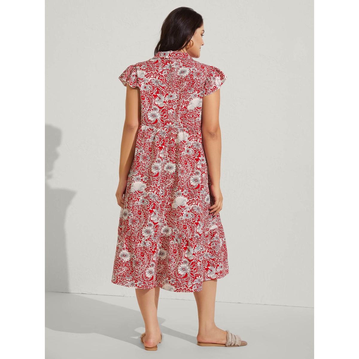 Plus Size Paisley Print Collar Flutter Sleeve Midi Dress Raspberry Women Boho Notched collar Cap Sleeve Curvy BloomChic 14-16/1X Product Image