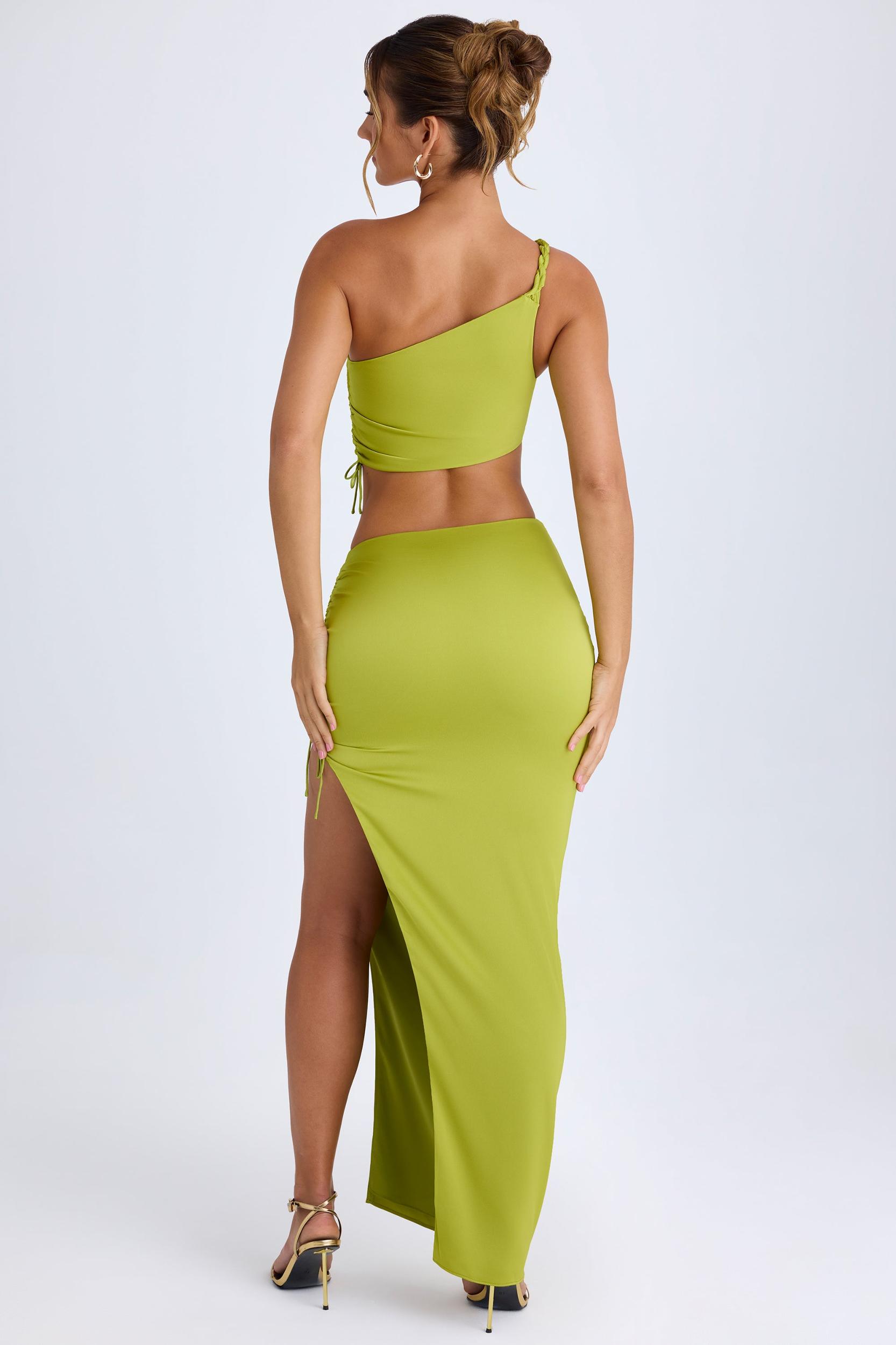 Ruched Asymmetric-Waist Maxi Skirt in Pear Green Product Image