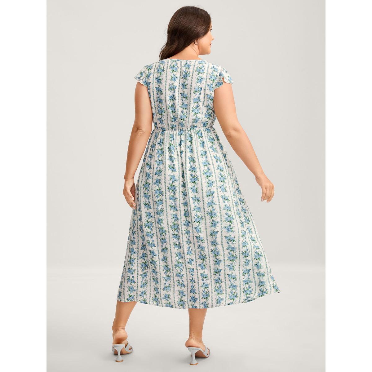 Plus Size Floral Stripe Flutter Sleeve Maxi Dress Mediumblue Women Heart neckline Cap Sleeve Curvy BloomChic 28/5X Product Image