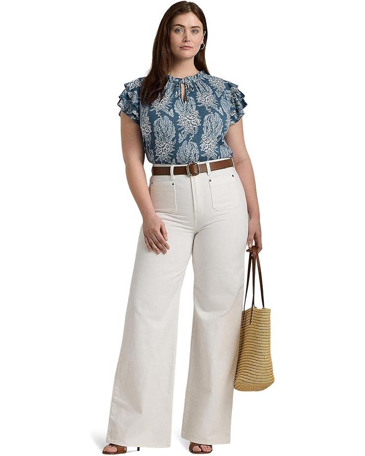 Women's Lauren Ralph Lauren Plus-Size Floral Linen-Blend Jersey Tie-Neck Top Product Image