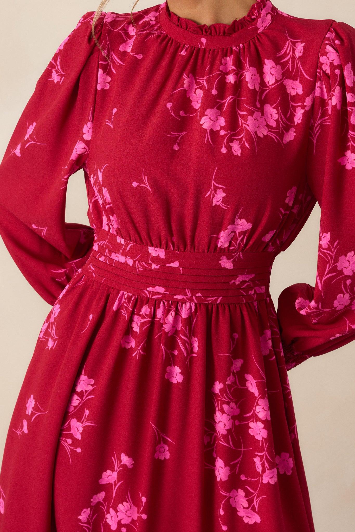 Flower Shop Stop Cherry Pink Floral Long Sleeve Midi Dress Product Image
