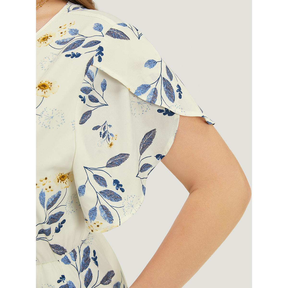 Plus Size Floral Arc Hem Pocket Split Petal Sleeve Zip Up Dress Ivory Women Office Lined V-neck Short sleeve Curvy Midi Dress BloomChic 14-16/1X Product Image