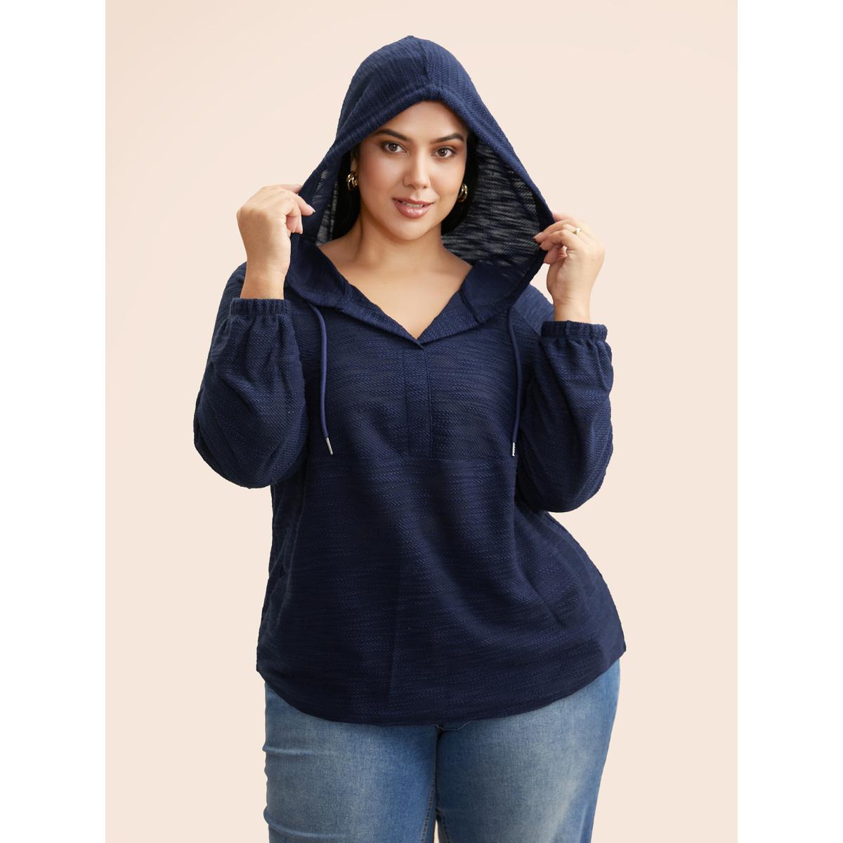 Plus Size Texture Drawstring Pocket Hooded Sweatshirt Women DarkBlue Casual Texture Loose Hooded Everyday Sweatshirts BloomChic 14-16/1X Product Image