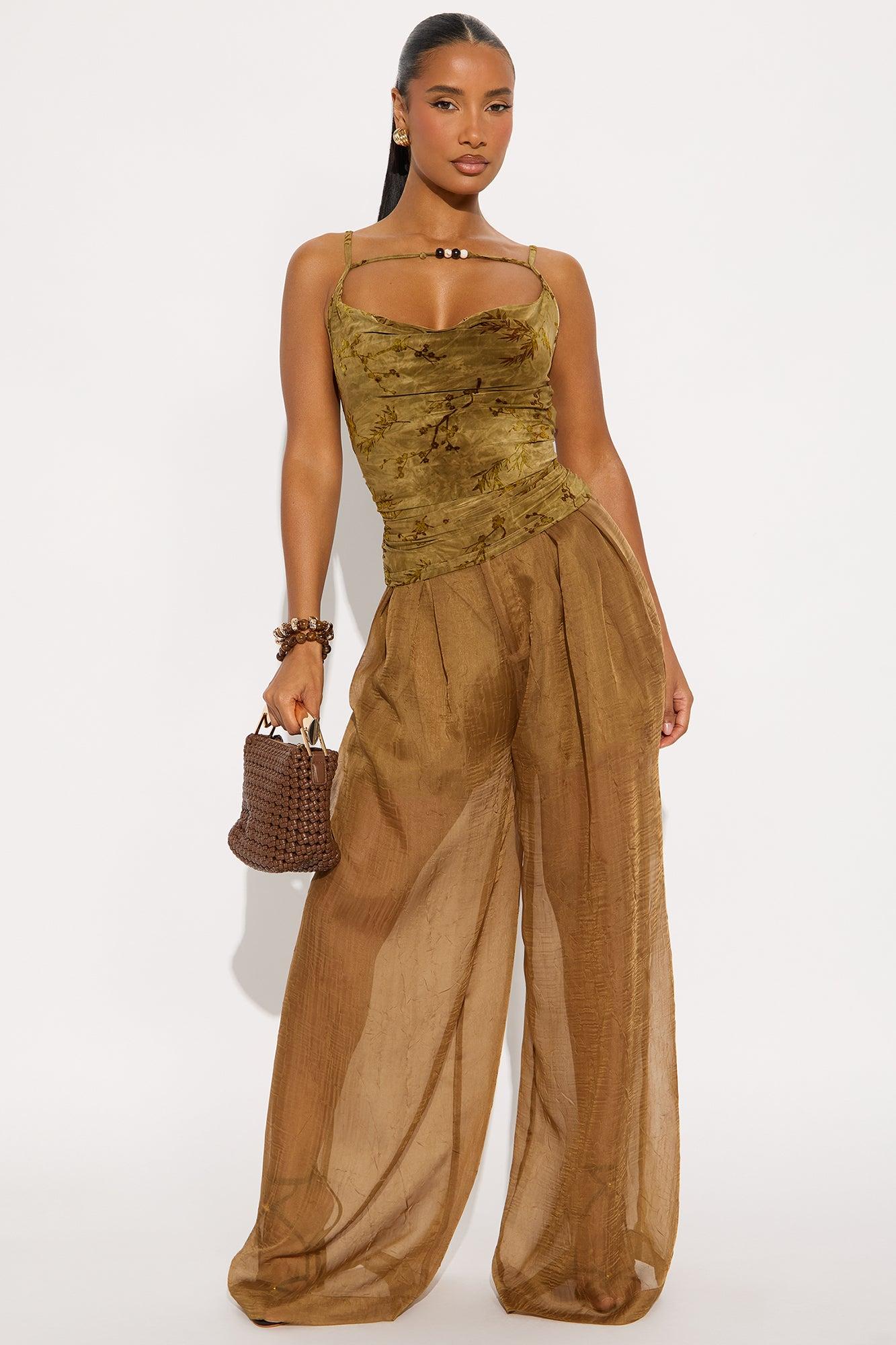 Mystic Flocked Cowl Neck Top - Olive Female Product Image