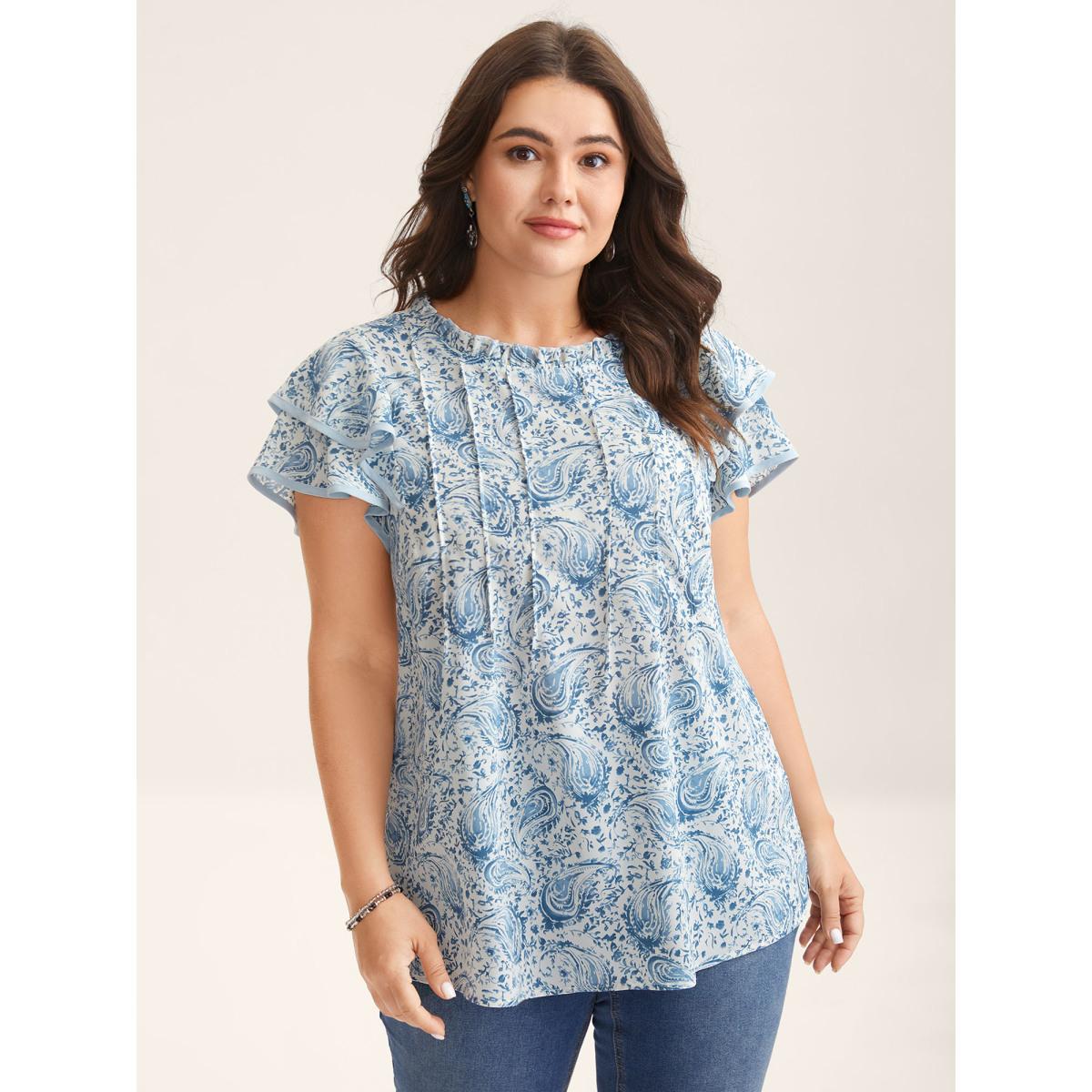 Plus Size LightBlue Paisley Print Ruffled Layered Sleeve Blouse Women Boho Cap Sleeve Round Neck Vacation Blouses BloomChic 22-24/3X Product Image