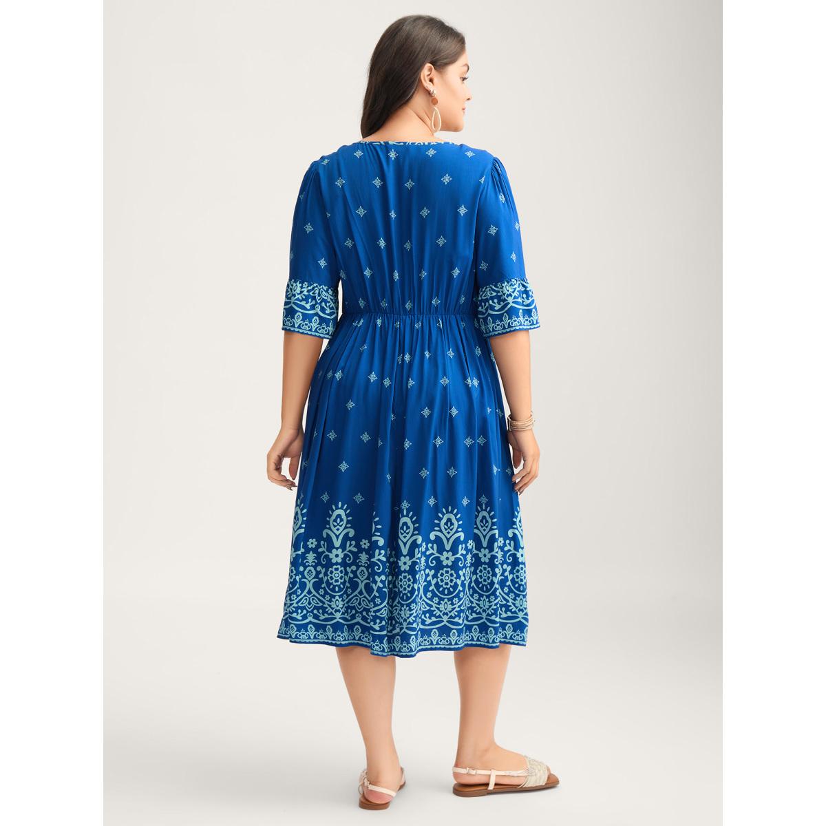 Plus Size Stretchy Waist Boho Print Midi Dress Skyblue Women Flat collar with V-notch Half Sleeve Curvy BloomChic 12/L Product Image