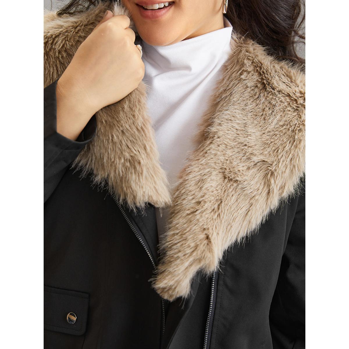 Plus Size Fuzzy Trim Patchwork Zipper Belted Lapel Collar Coat Women Black Casual Lined Ladies Dailywear Winter Coats BloomChic 12/L Product Image