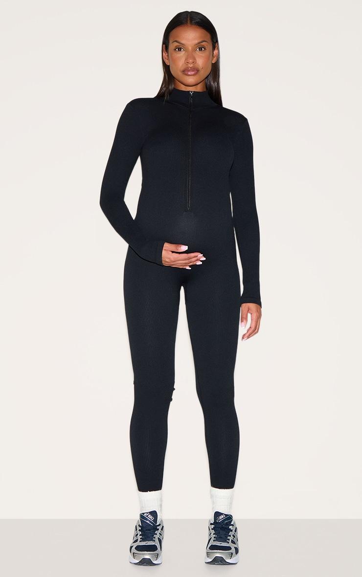 Maternity Black Snatched Ribbed Jumpsuit Product Image