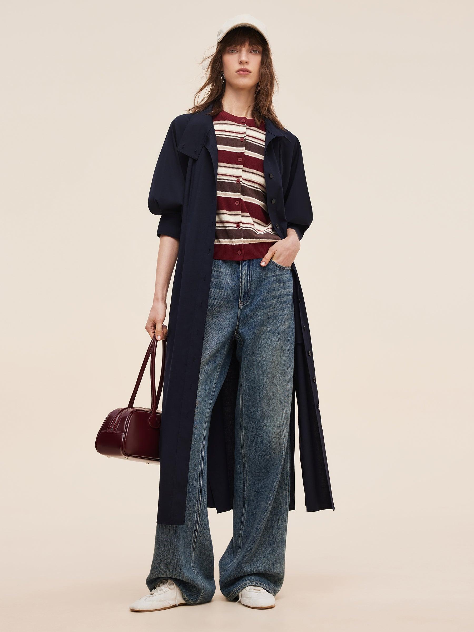 Adjustable Collar Women Trench Coat With Leather Belt Product Image