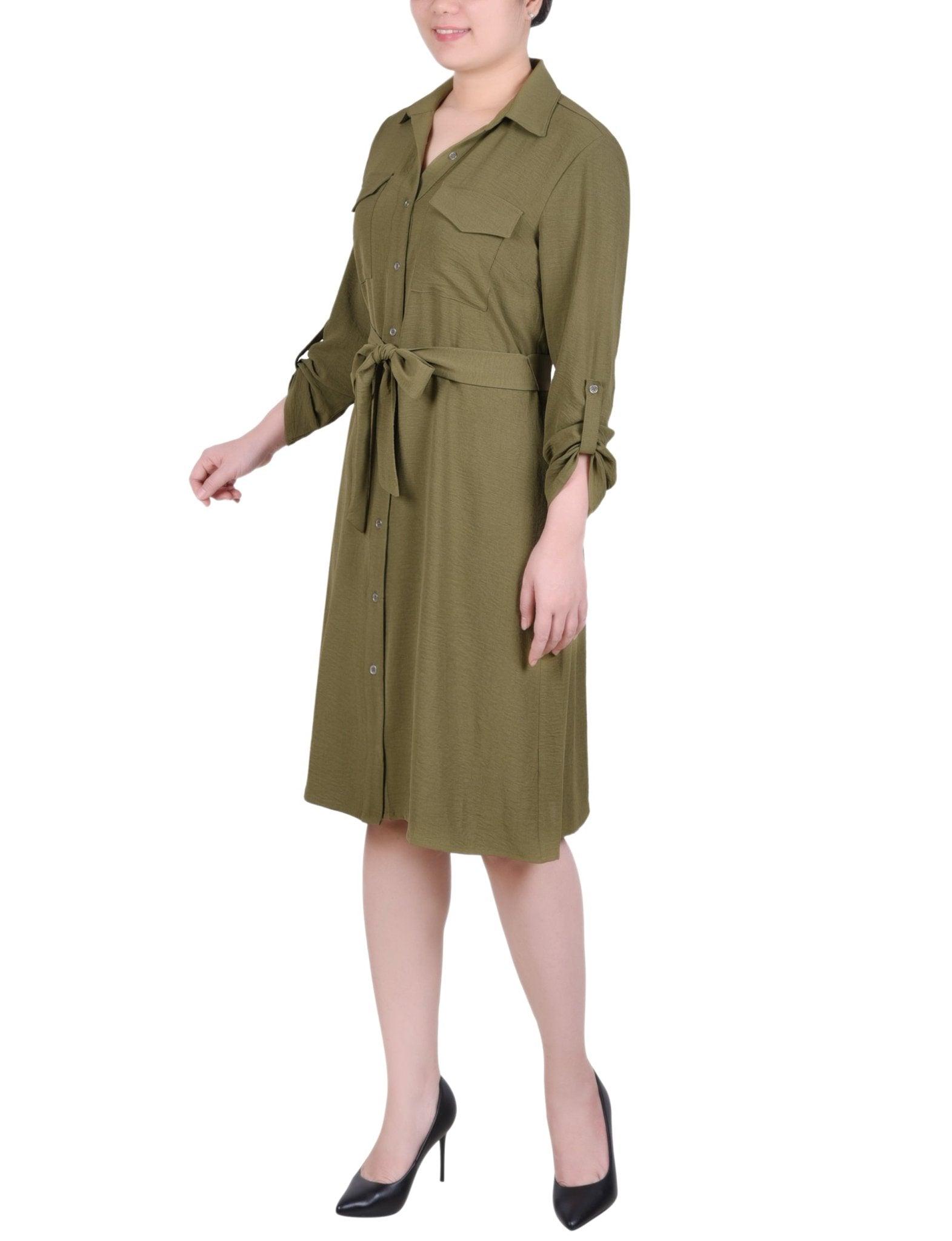 Burnt Olive Long Roll Tab Sleeve Shirtdress Product Image
