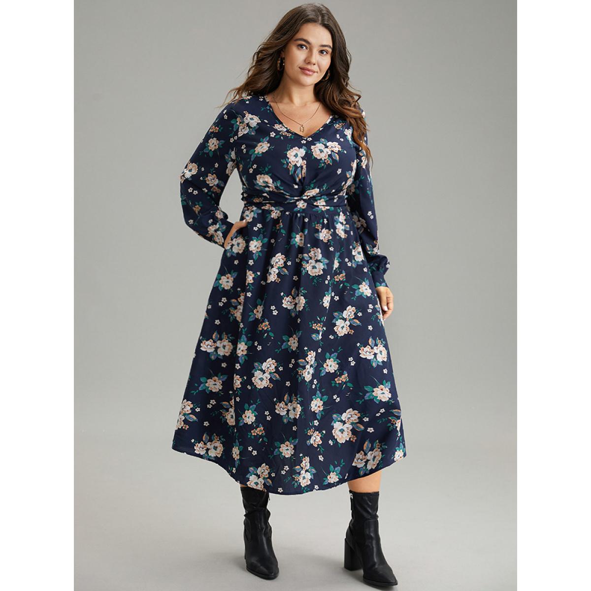 Plus Size Floral Print Twist Front Pocket Midi Dress DarkBlue Women Elegant Printed V-neck Long Sleeve Curvy Midi Dress BloomChic 28/5X Product Image