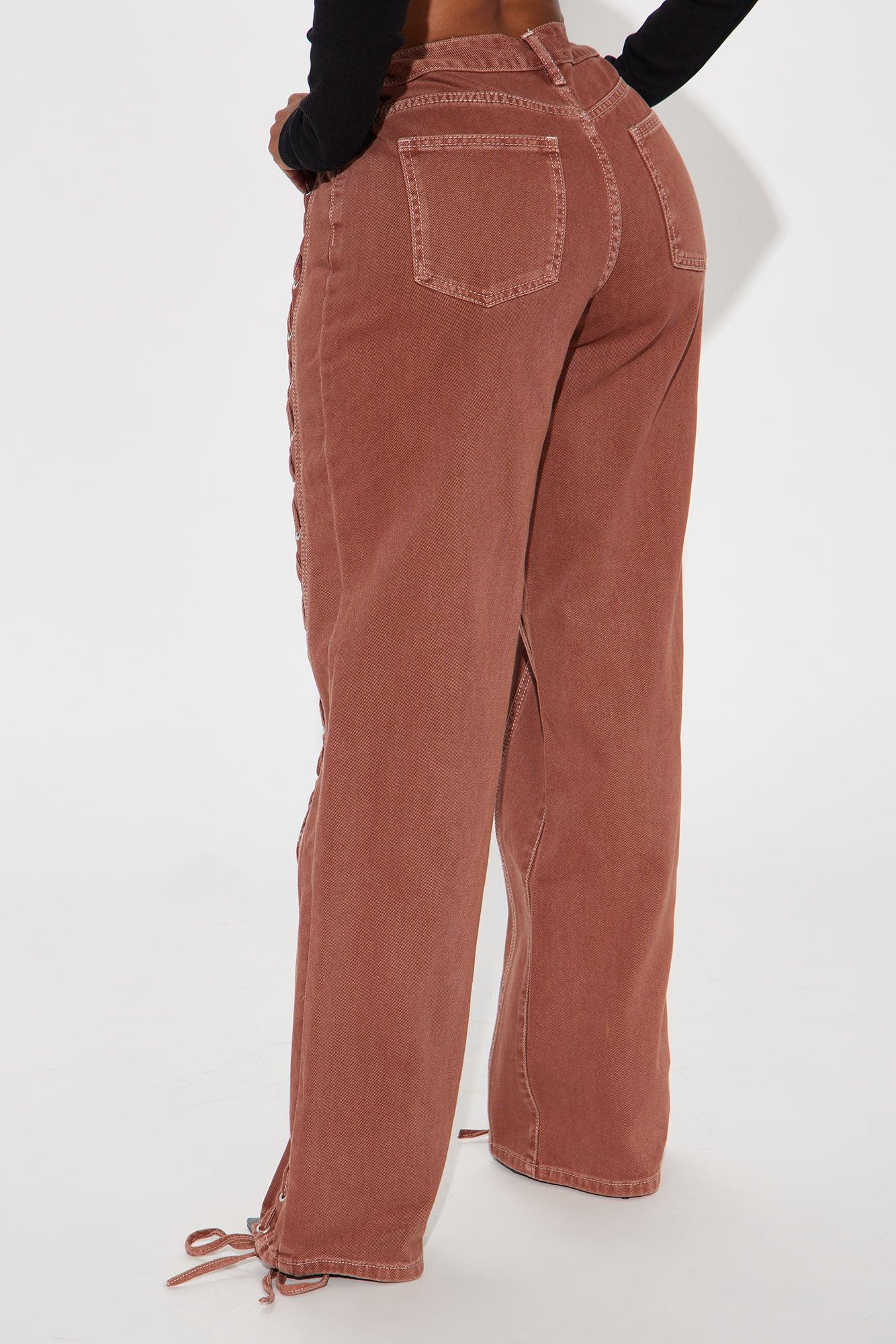 Tie You Down Lace Up Non Stretch Straight Leg Jeans - Brown Product Image