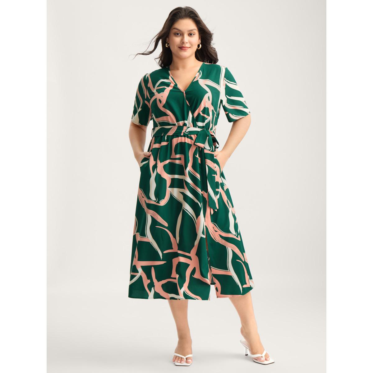 Plus Size Abstract Belted Side Slit Surplice Midi Dress Emerald Women Overlap Collar Short sleeve Curvy BloomChic 26/4X Product Image