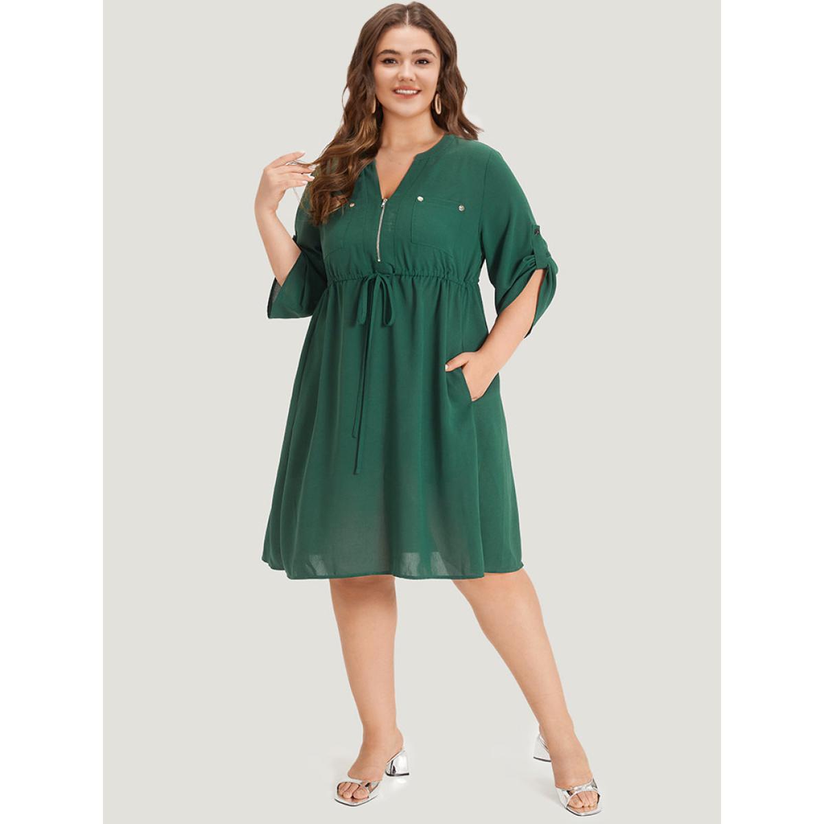 Plus Size Plain Drawstring Pocket Zipper Notched Gathered Tab Sleeve Dress Green Women Office Zipper Notched collar Half Sleeve Curvy Knee Dress BloomChic 18-20/2X Product Image