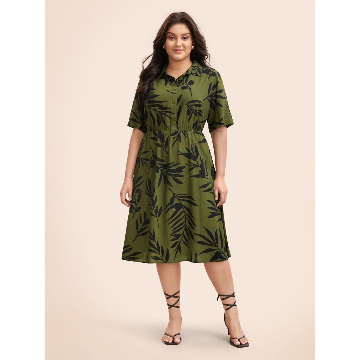 Plus Size Tropical Print Shirt Collar Midi Dress ArmyGreen Women Elegant Button Shirt collar Short sleeve Curvy BloomChic 22-24/3X Product Image