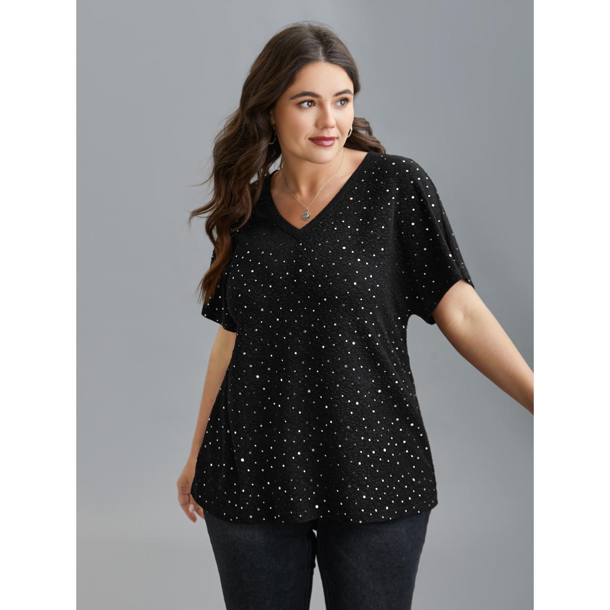 Plus Size V-Neck Sequin Textured T-Shirt Black Women Casual Rhinestone detailing V-neck Everyday T-shirts BloomChic 14-16/1X Product Image