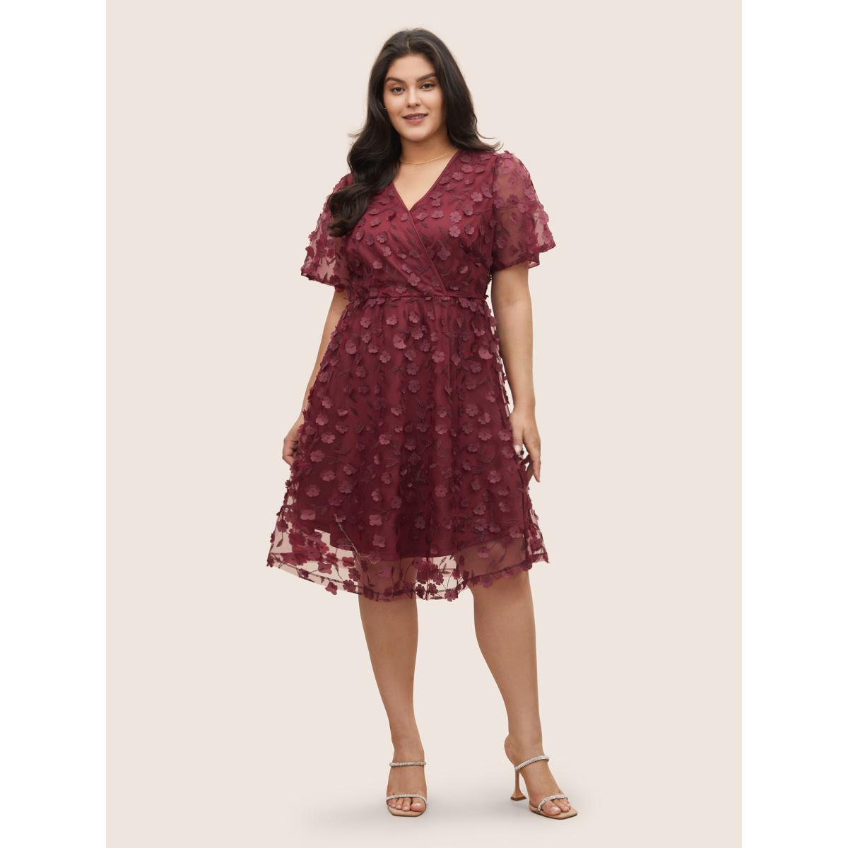 Plus Size Plisse Mesh Pocket Overlap Collar Dress Scarlet Women Cocktail Non Overlap Collar Short sleeve Curvy Midi Dress BloomChic 14-16/1X Product Image
