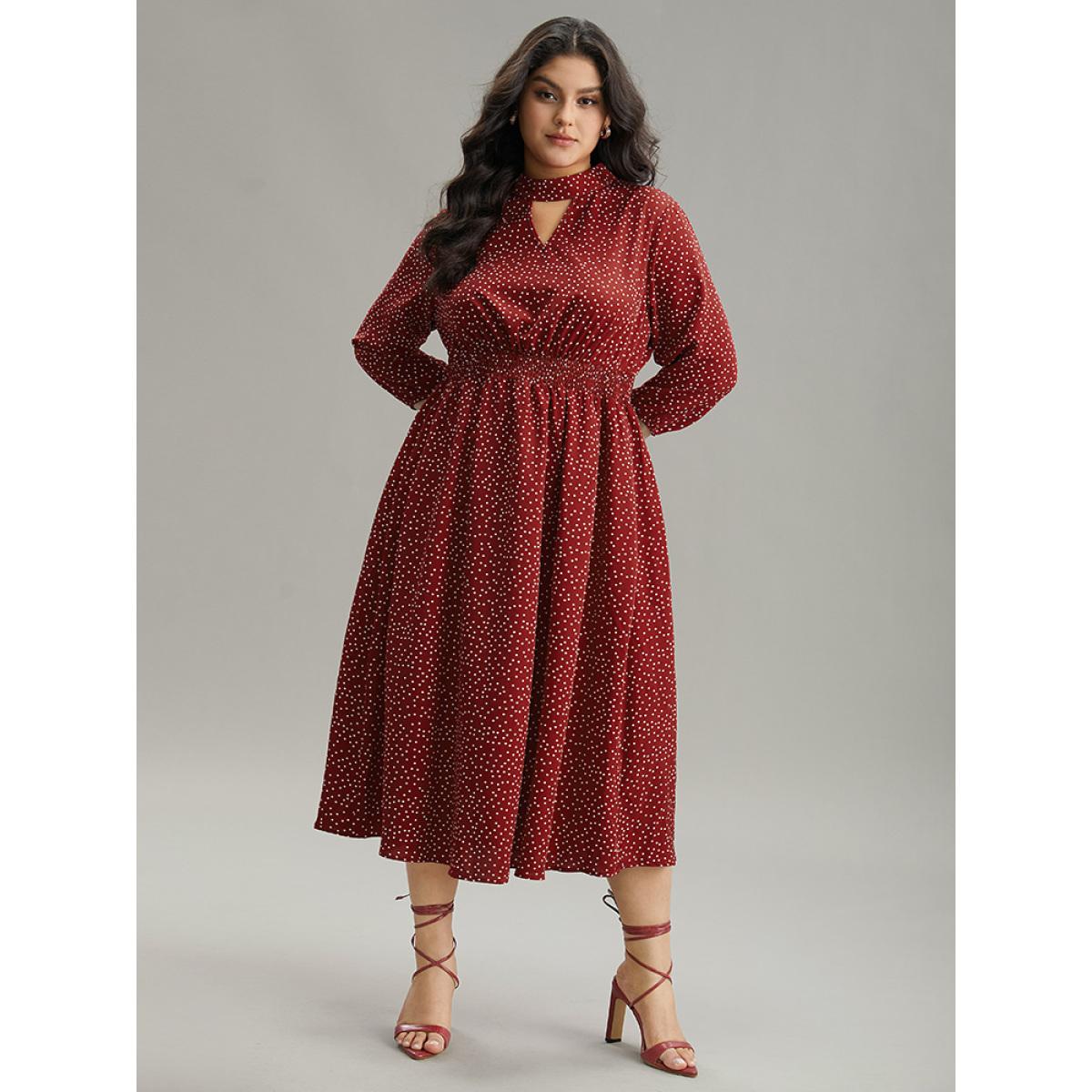 Plus Size Polka Dot Keyhole Pocket Mock Neck Dress Scarlet Women Elegant Elastic cuffs Mock Neck Elbow-length sleeve Curvy Midi Dress BloomChic 22-24/3X Product Image