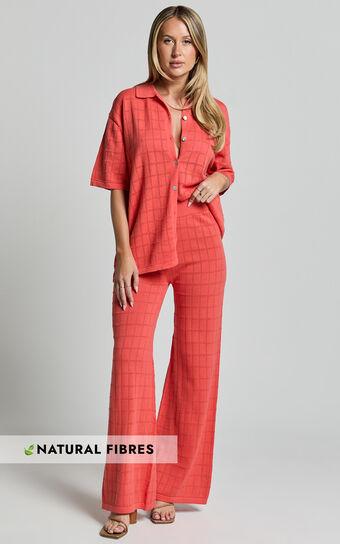 Tommy Two Piece Set - Knit Button Through Top and Pants Two Piece Set in Coral Product Image