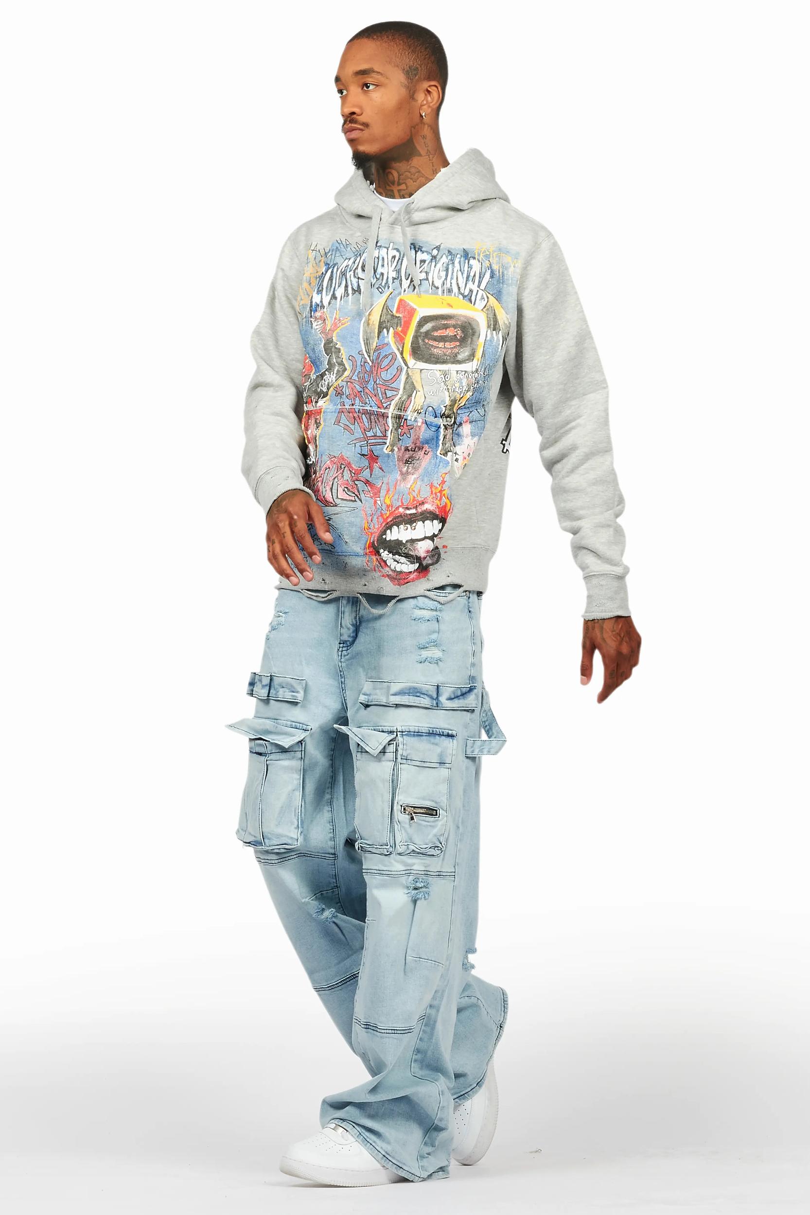 Yooz Heather Grey Hoodie & Deco Stacked Flare PU Jean Bundle Male Product Image