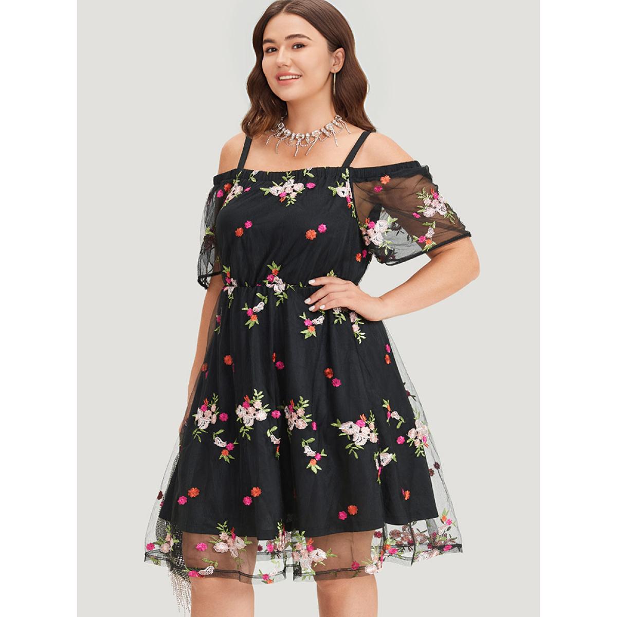 Plus Size Floral Embroidered Cold Shoulder Mesh Cami Dress Black Women Glamour Lined Spaghetti Strap Short sleeve Curvy Knee Dress BloomChic 30/6X Product Image
