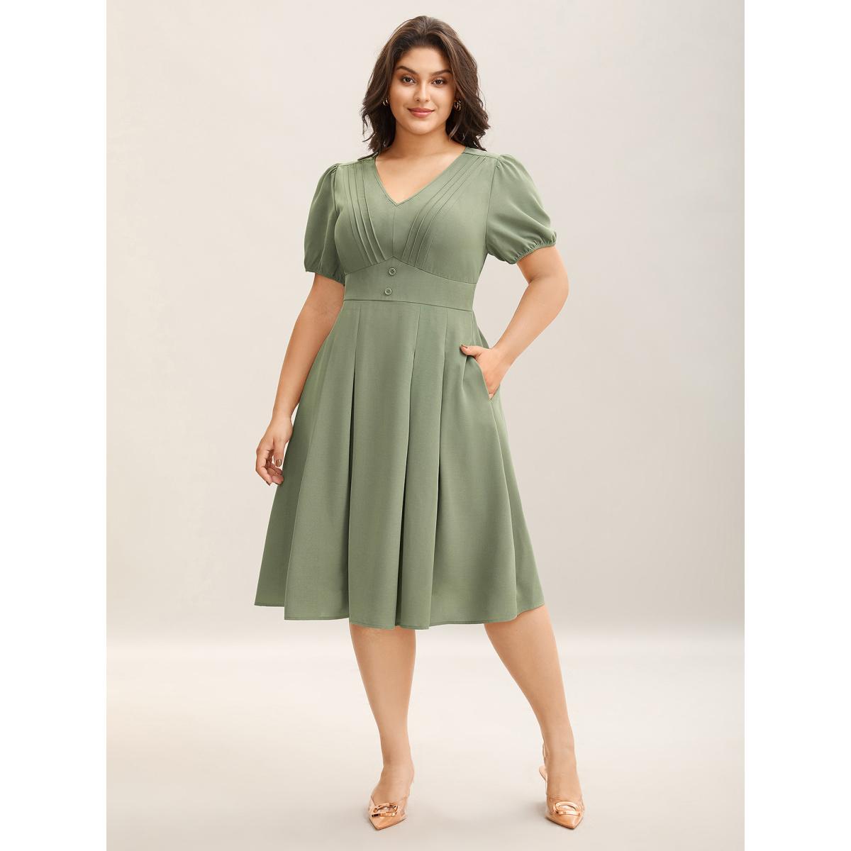 Plus Size Pleated Neckline Cinched-Waist Solid Midi Dress Greenbean Women V-neck Short sleeve Curvy BloomChic 14-16/1X Product Image