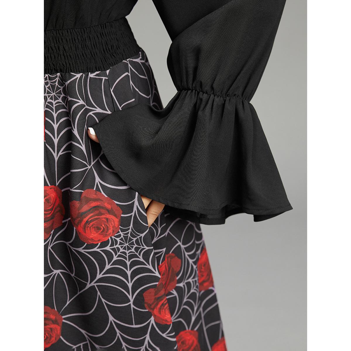 Plus Size Halloween Rose Ruffles Shirred Elastic Waist Dress Black Women Casual Printed V-neck Long Sleeve Curvy Midi Dress BloomChic 28/5X Product Image