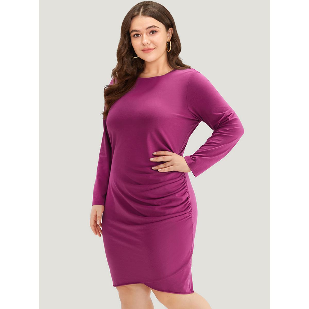 Plus Size Supersoft Essentials Solid Crew Neck Gathered Dress RedViolet Women Casual Gathered Round Neck Long Sleeve Curvy Knee Dress BloomChic 18-20/2X Product Image